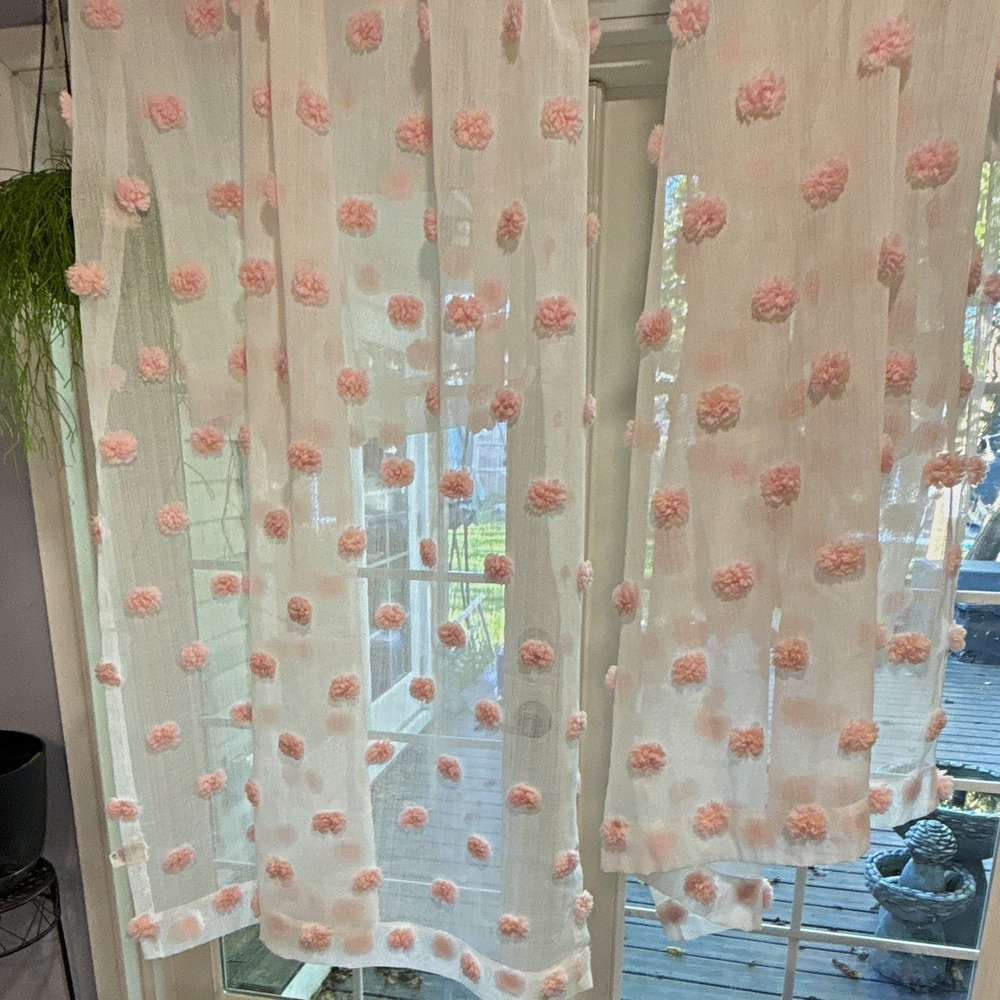 DKNY Sheer Curtain Panels, Set of 2 White w/ Pink Pom-Poms, Rod Pocket, 48"x84"